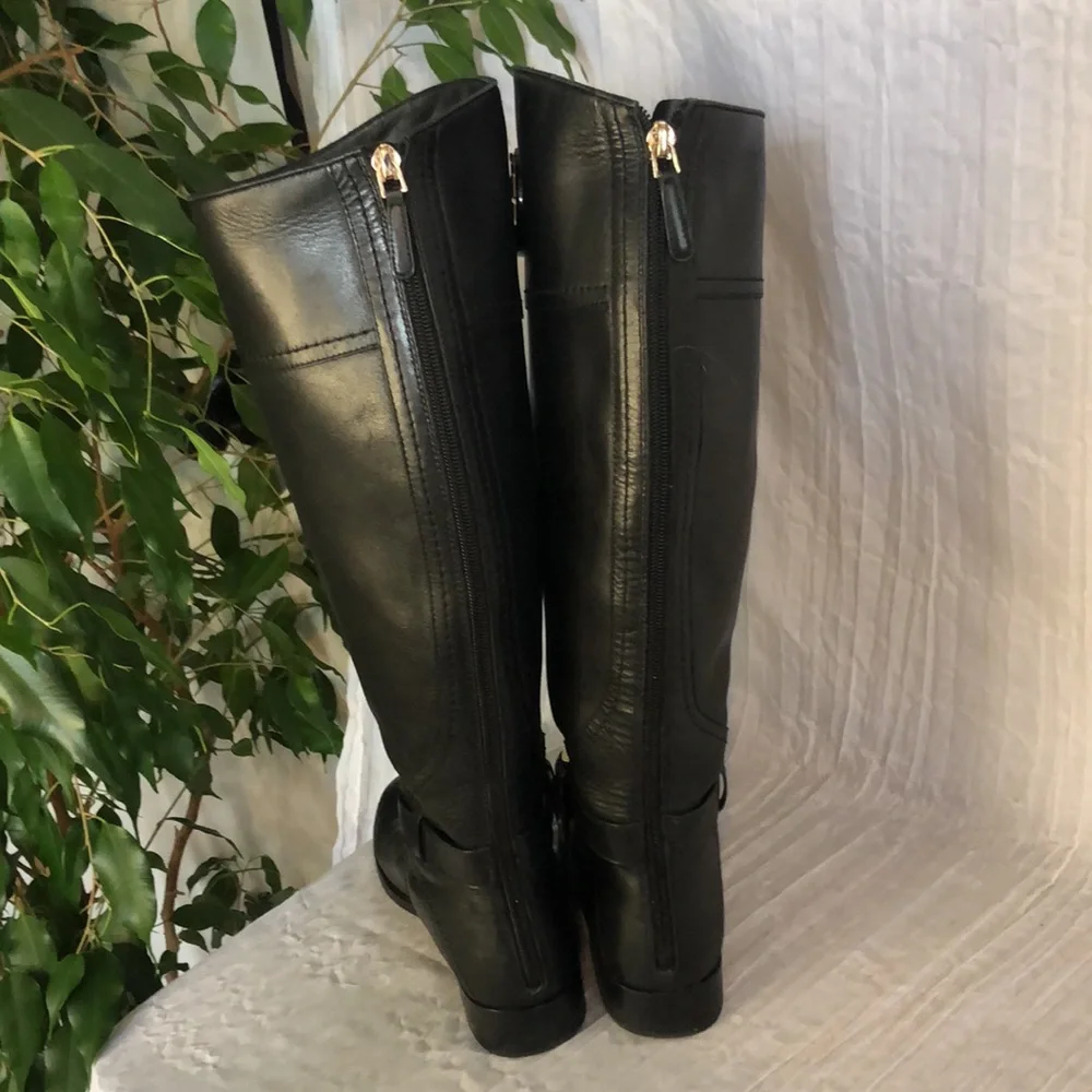 TORY BURCH Adeline size 5.5 black leather riding boots large gold Miller logo